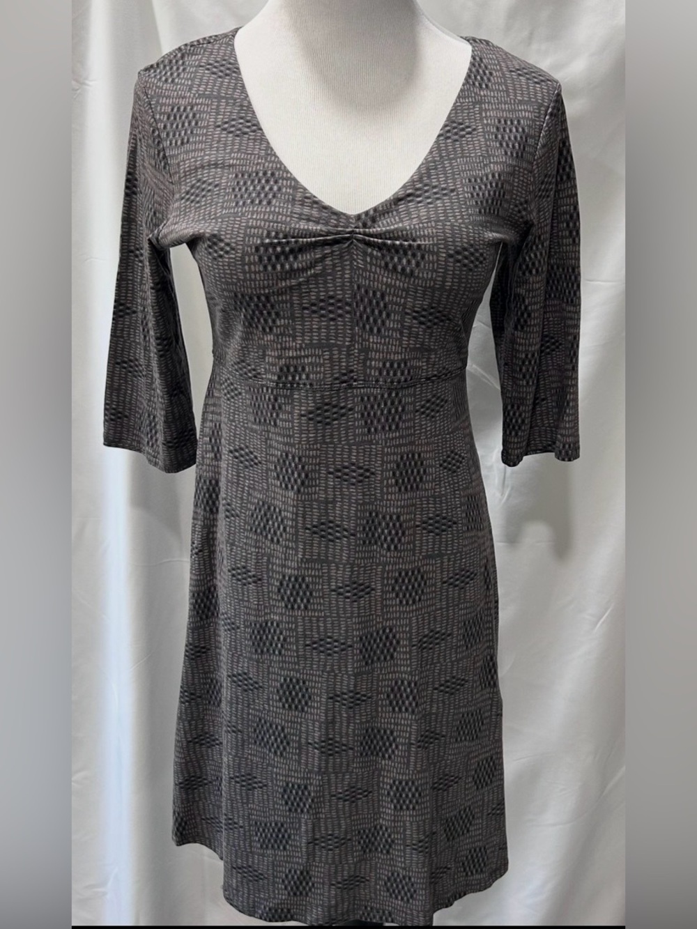 Toad&Co Medium Gray Geometric Print 3/4 Sleeve Fit & Flare Dress Eco-Friendly